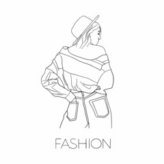 Hand drawn young woman with hands in pockets. Fashion girl in casual stylish clothes. Young woman. Sketch. Fashion illustration.