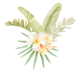 Watercolor tropical floral arrangement. Bouquet of exotic flowers. Isolated on white background. © astaru