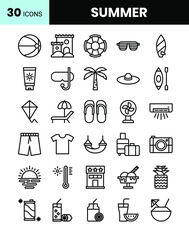 Summer icons set in black and white outline style. Sun, sunglasses, surf board, slippers, and more