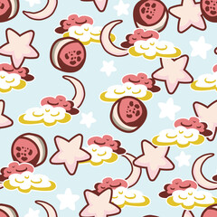 Magical Cloudy Sky with Stars and Moon Vector Seamless Pattern