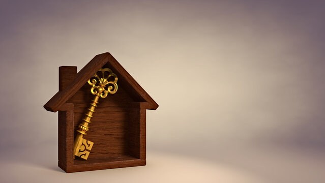 3D Illustration Gold Key in Wood Home Isolated in an Studio Scene Background. Home is Where Your Heart is Concept.