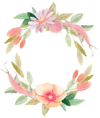 Floral wreath with wild flowers (clover) and leaves - hand painted watercolor illustration