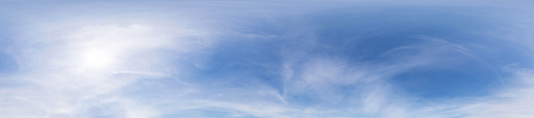 blue sky hdri 360 panorama with white beautiful clouds. Seamless panorama with zenith for use in 3d graphics or game development as sky dome or edit drone shot for sky replacement