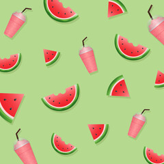 Watermelon and juicy slices vector set, flat design of green leaves and watermelon flower illustration, Fresh and juicy fruit concept of summer food.
