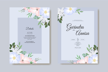  Wedding invitation card template set with beautiful colouful floral leaves Premium Vector