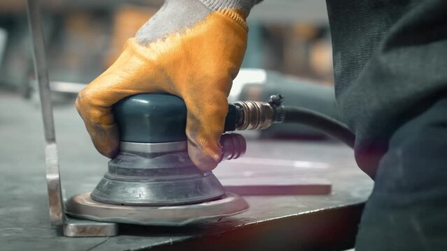 Grinding Work with Smooths Equipment for Steel Metal, Iron, Sparks at Manufacturing Heavy Industry Factory Closeup Indoor. Metalwork Assembly, Heat Detail Welding by Professional Laborer Using Grinder
