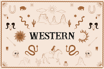 Western poster with desert landscape, western animals, cowgirl, horses, wild west elements, cactus. Editable vector illustration.