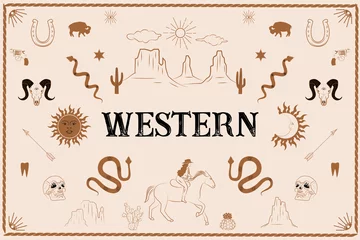Foto op Canvas Western poster with desert landscape, western animals, cowgirl, horses, wild west elements, cactus. Editable vector illustration. © miobuono