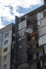 War in Ukraine 2022. Destroyed, bombed and burned residential building after Russian missiles in Kharkiv Ukraine. Famous building on Natalia Uzhviy street. Russian attack. 