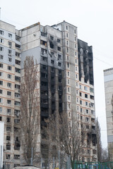 Fototapeta premium War in Ukraine 2022. Destroyed, bombed and burned residential building after Russian missiles in Kharkiv Ukraine. Russian aggression, conflict. Russian attack on Ukraine. Russia is bombing Ukraine