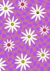 Fototapeta na wymiar Abstract vector psychedelic funny pattern with ditsy flowers. Groovy and fun vector print with smiled faces in cartoon style. Retro 60s, 70s