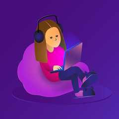 ICON.A girl programmer works on her laptop sitting on a cushioned pouf