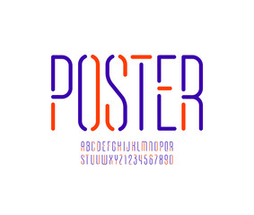 Font from thin line, multi colored alphabet, rounded condensed letters and numbers, vector illustration 10EPS