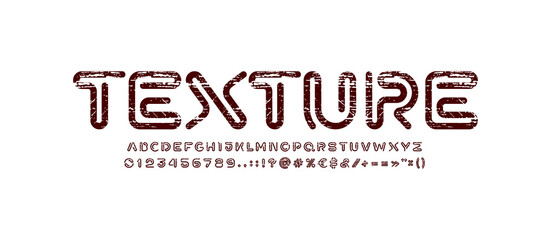 Alphabet round style, font with rough texture, letters and numbers