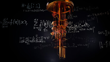 A model of a quantum computer against the background of formulas, a quantum factorization algorithm. 3D render. New technologies in parallel computing, scientific and technical achievements, concept. - obrazy, fototapety, plakaty