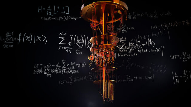 A model of a quantum computer against the background of formulas, a quantum factorization algorithm. 3D render. New technologies in parallel computing, scientific and technical achievements, concept.