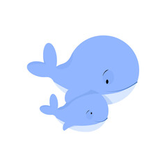 Two blue whales, small and large, swim