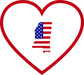 Map of US federal state of Mississippi with the flag of the United States of America inside white heart shape with red stroke