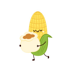 Corn and popcorn cartoon. Vector mascot, cartoon and illustration of a corn holding popcorn. Character design.