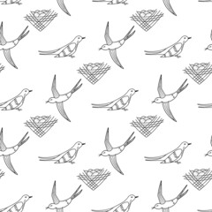 Pattern of swallows and nests on white background