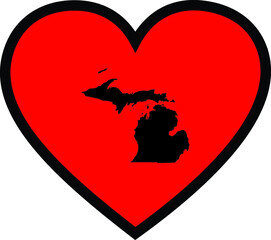 Black Map of US federal state of Michigan inside red heart shape with black stroke