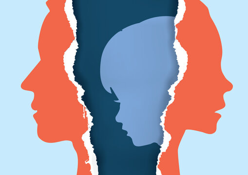 Divorced parents and sad child.
Torn paper with man, woman and child stylized silhouettes symbolizing the effect of divorce on the child.