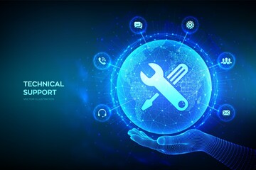 Technical support. Customer help. Global international tech support. Customer service, Business and technology concept. Earth globe in wireframe hand. Vector Illustration.