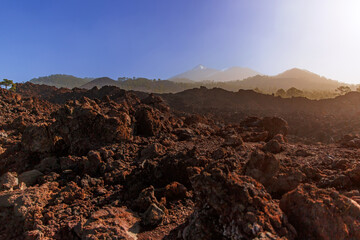 Volcanic landscape. Black rocky texture of cooled lava in Teide national park, Tenerife.
