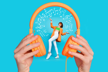 Photo cartoon comics sketch collage of girl dancing inside huge arms holding headphones isolated...