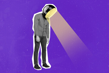 Composite collage portrait of frustrated cartoon personage black white filter light lamp instead head isolated on creative background