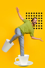 Vertical composite collage image of positive person have fun coffee cups instead legs isolated on yellow background