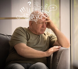 Senior man suffering from dementia at home. Illustration of messy thoughts during cognitive impairment - obrazy, fototapety, plakaty