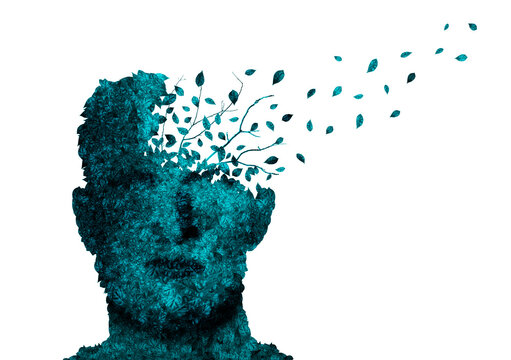 Dementia concept. Illustration of blue head shaped plant losing leaves on white background
