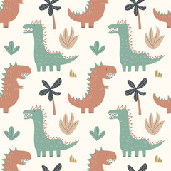 Childish seamless pattern with hand drawn Dino in Scandinavian style. Creative vector dinosaurs childish background for fabric, textile stock illustration EPS