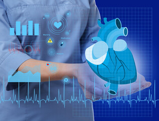 Closeup view of doctor and illustration of cardiological diagnostic app interface on blue background