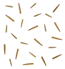 Many bullets falling on white background. Firearm ammunition