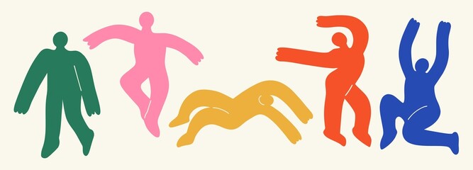 A set of various strange creatures or people in various poses. Cute disproportionate isolated characters. Modern fashion illustration. Flat design, cartoon hand drawn, vector.