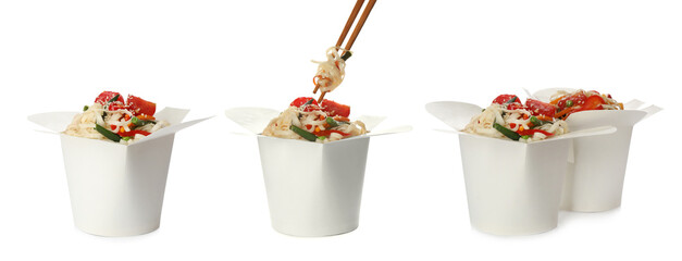 Set with boxes of tasty wok noodles on white background. Banner design