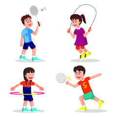 children with various sports activities such as badminton, jumping rope, hula hoop, and volleyball