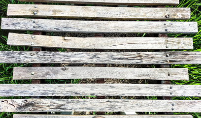 Top view of wood platform. Wood walkway along the rice field. Horizontal pattern of wood plank background.