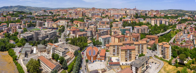 Panoramic aerial view of Potenza city, regional capital of Basilicata, Italy. The city is built on the mountain. - obrazy, fototapety, plakaty