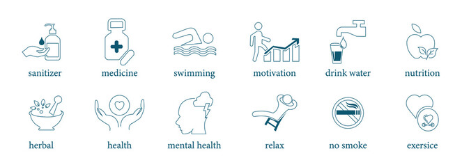 Wellness icon set medicine, swimming, motivation, drink water, nutrition, herbal, health, mental health, relax, no smoke, exercise