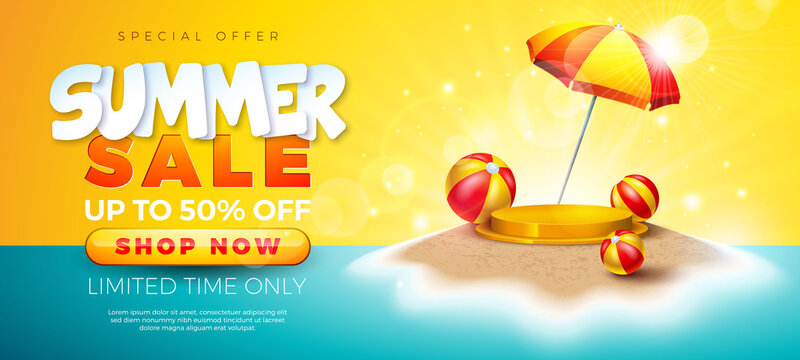 Summer Sale Design with with Stage Podium, Sunshade and Beach Ball on Tropical Sandy Island Background. Tropical Business Vector Illustration with Special Offer Typography for Coupon, Voucher, Banner