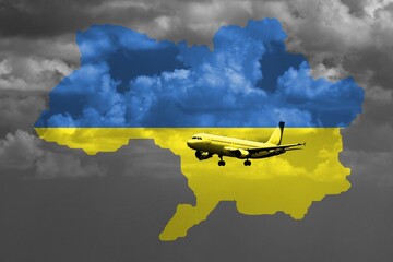Fly big airplane on Ukraine map background