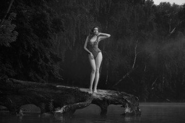 Fototapeta na wymiar Beautiful woman in bikini on an old tree in the lake in black and white