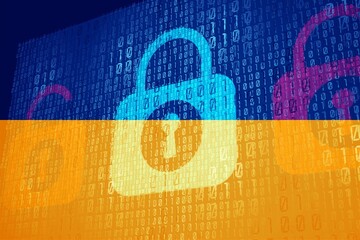 Binary code pattern on colors of flag of Ukraine background computer cyber technology concept.