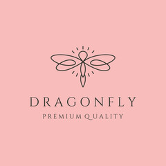 dragonfly with sunburst line art logo vector symbol illustration design