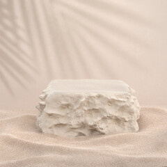 Background c for product visualization with podium stone and palm leaf shadow and sand. Studio in a minimalist style and pastel colors for the presentation of cosmetics on the beach. 3d illustration.