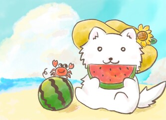 海辺でスイカを食べる犬　挿絵