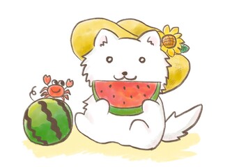 スイカを食べる犬とカニ　挿絵